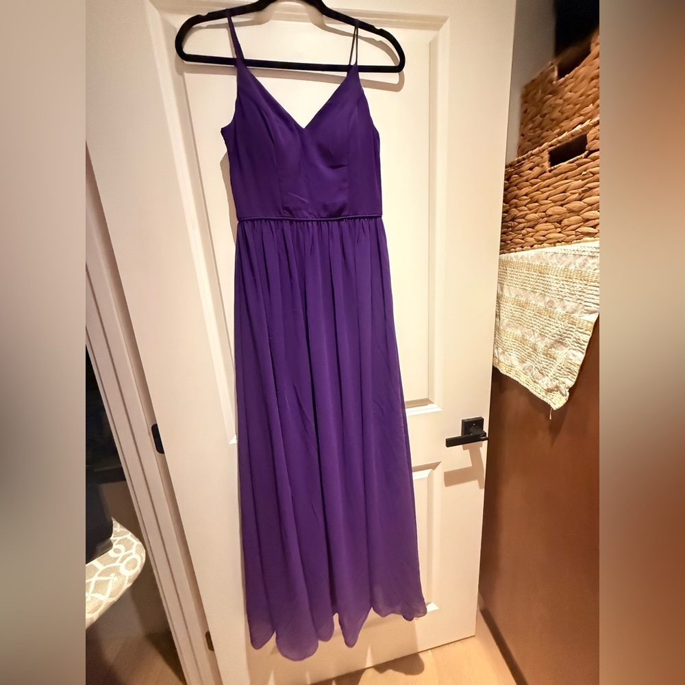 City Vibe purple spaghetti strap maxi dress high front slit bridesmaid wedding